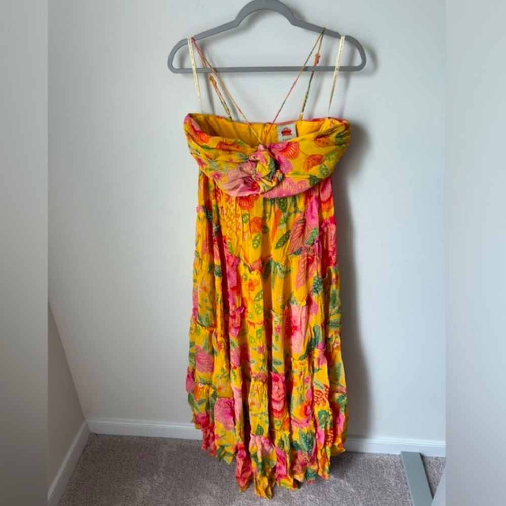 Farm Rio Yellow Macaw Floral Print Maxi Ruffle Dress - Medium